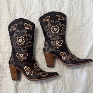 Bakers Black and Brown Heeled Boots with Embroidery
